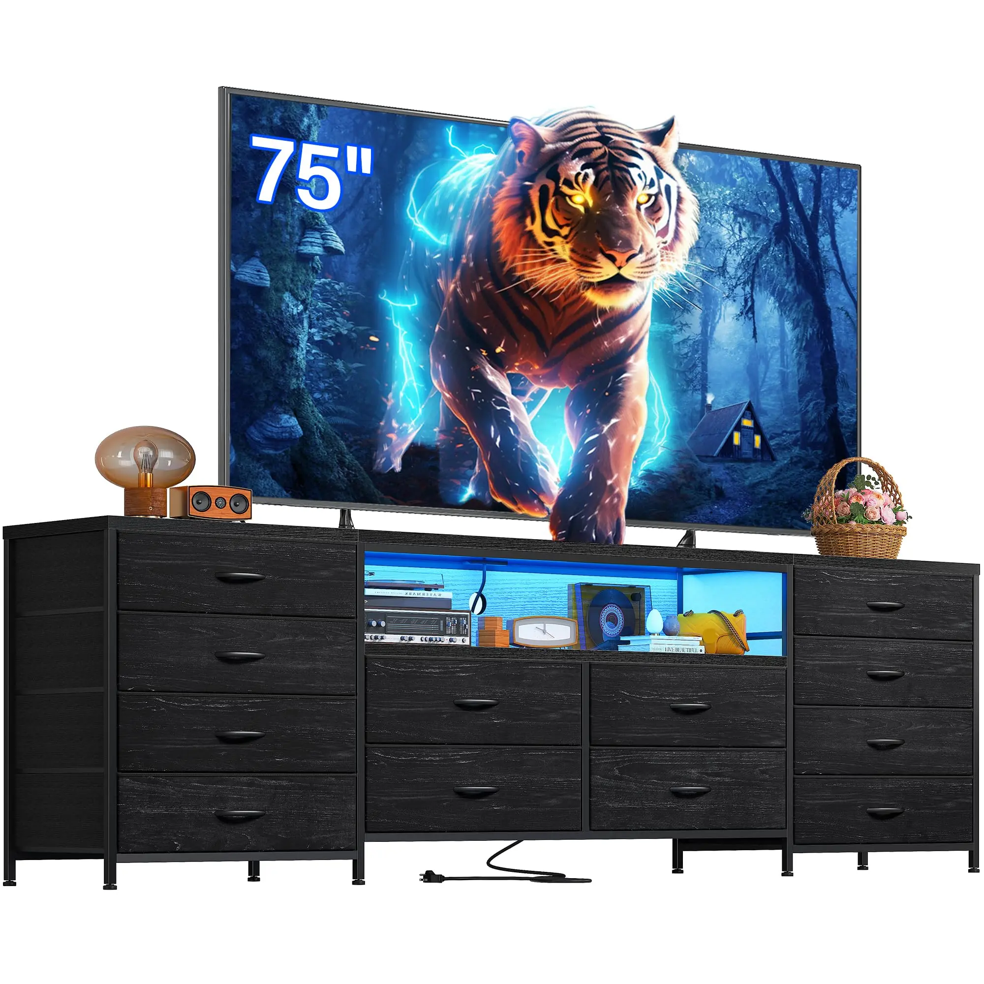 Raybee Furniture Fits 75" TV Stand Dresser for 65 70 75 Inch TV 63"W Dresser TV Stand for Bedroom with LED Lights & Power Outlets & 12 Drawers Dresser for Bedroom Long Fabric Dresser Entertainment Center,dorm essentials,home decor