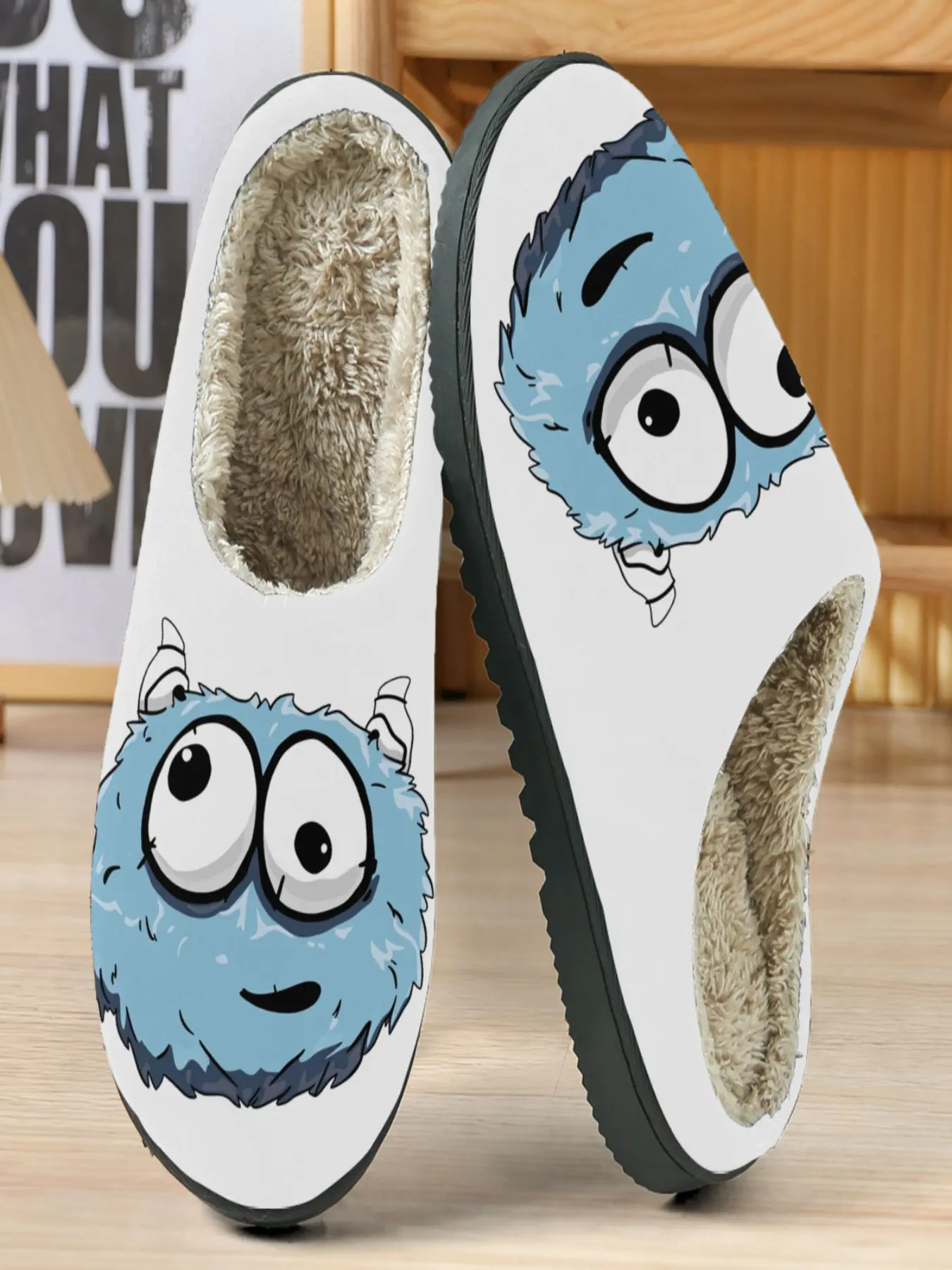 Cute Monster Cotton Slippers, Soft Plush Lining, Round Eyes Design, Casual Home Wear, Warm Winter Footwear, Unisex Comfort Shoes