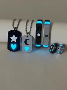 Glow in The Dark Couple Necklace Bracelet Ring Set, Fashion Jewelry for Party, Daily Clothing Decor, Trendy All-match & Exquisite Jewelry for Birthday Gift