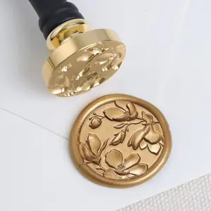Magnolia Flowers Wax Seal Stamp with Wooden Handle, Floral Botanical Theme Vintage Brass Stamp for Wedding Invitation, Gift Wrap, Envelopes, Christmas Card