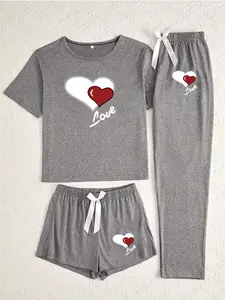 Women's Heart Print Pajama Set, Casual Fitted Sleepwear, All-Season Comfortable Nightwear, Three-Piece for Women, Loungewear