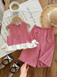 Girls' 2-Piece Cute Clothing Set Baby Girl Clothes Plaid Butterfly Cute Top with Casual Long Pants, Stylish and Comfortable for Daily Wear