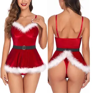 "Coal for Christmas" Red Lace Teddy - Front & Back Open Lingerie Set with Feather Trim for Stylish Elegance and Open Design Sexy Christmas Red Lingerie Pajama Set