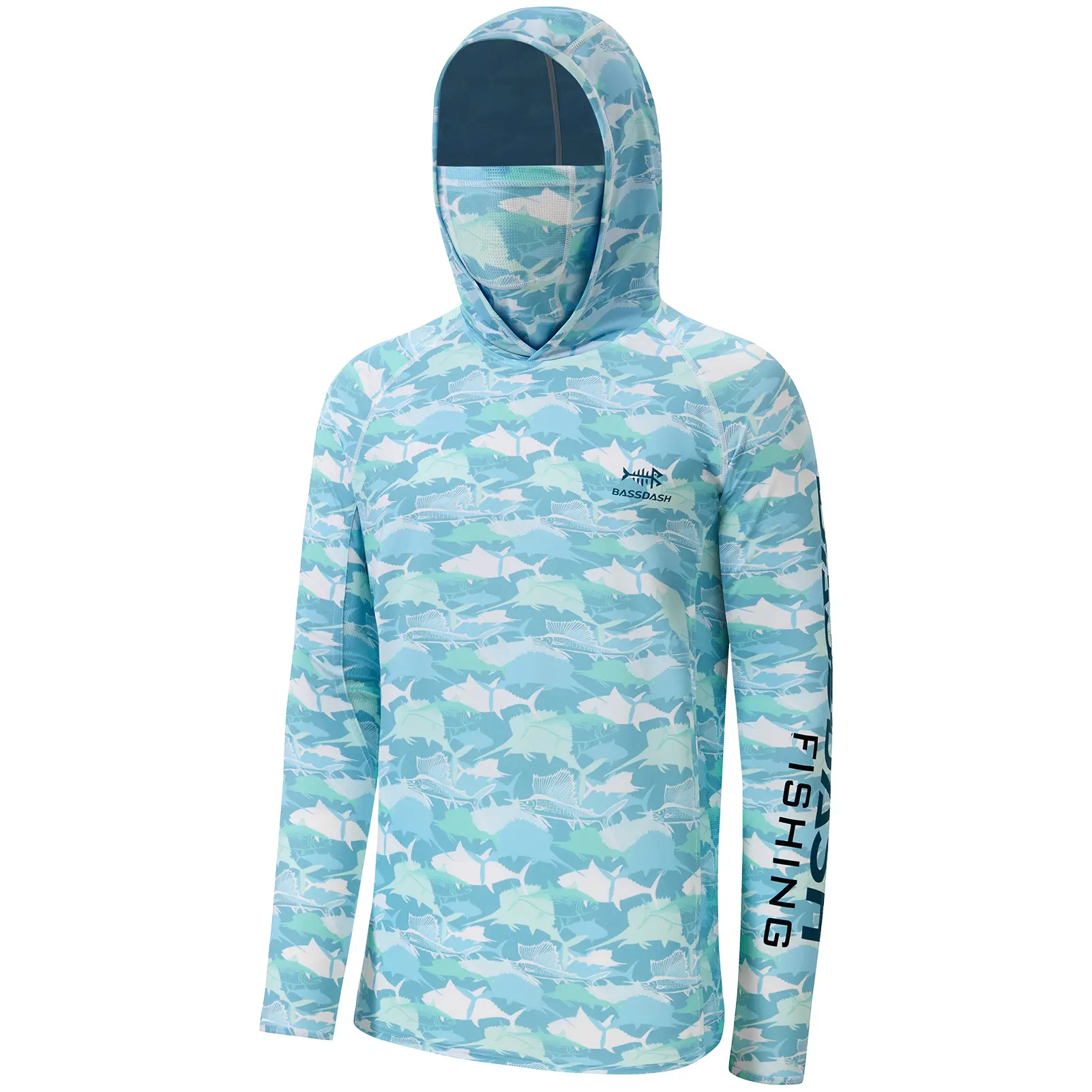 BASSDASH Men’s UPF 50+ Hooded Breathable Camo Shirts with Face Mask Lightweight Neck Gaiter Fishing Hiking Hoodie Shirt FS51M