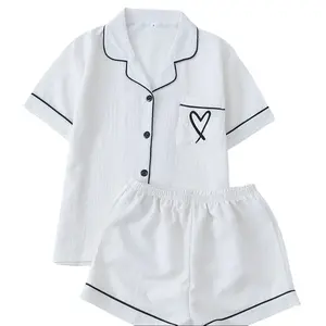Women's Pajamas Set Heart Print Button Short Sleeve Shirt with Shorts Sleepwear PJs Set in White with Black Trim