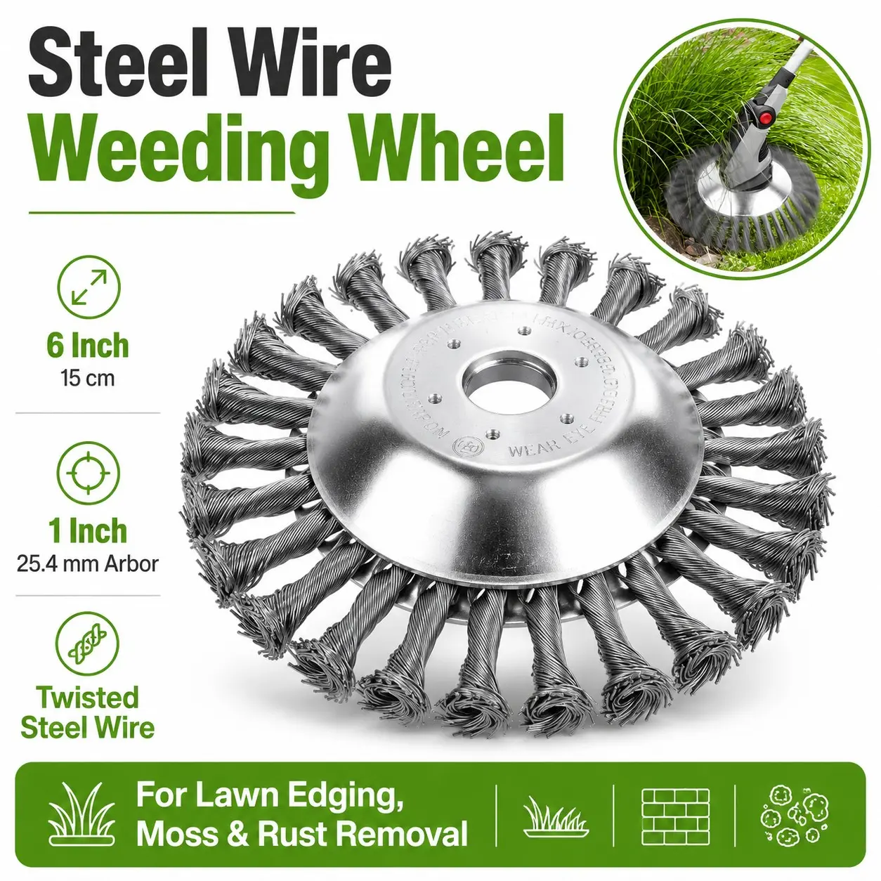 Steel Wire Weeding Wheel 6 Inch, Twisted Wire Brush Cutter Head with 1 Inch Arbor, Heavy Duty Weed Trimmer Attachment Tool for Garden Lawn Edging, Moss Removal, Rust Cleaning and Pavement Crack Cleanup, Grass Trimmer Accessories