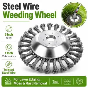 Steel Wire Weeding Wheel 6 Inch, Twisted Wire Brush Cutter Head with 1 Inch Arbor, Heavy Duty Weed Trimmer Attachment for Lawn Edging, Moss Removal, Rust Cleaning and Pavement Crack Cleanup, Grass Trimmer Accessories
