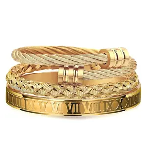 3PCS Men’s Stainless Steel Bracelet Set – Gold Roman Numeral Bangle & Cable Cuff