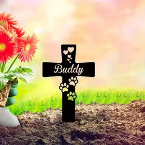 One-piece iron pet memorial stake with a dog cross "Buddy" design. It's an elegant garden stake, perfect for commemorating beloved pets.outdoor statue