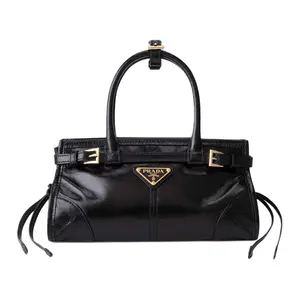 Prada Bonnie Mini Leather Handbag with Geometric Triangle Metal Logo for Women in Black