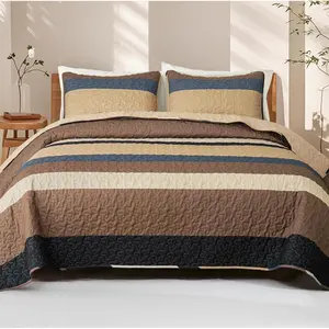 Full Queen Size Set - Reversible Camel Queen Size with 2 Pillow Shams, Lightweight Boho Striped Bedspreads Coverlet Bedding Set for All