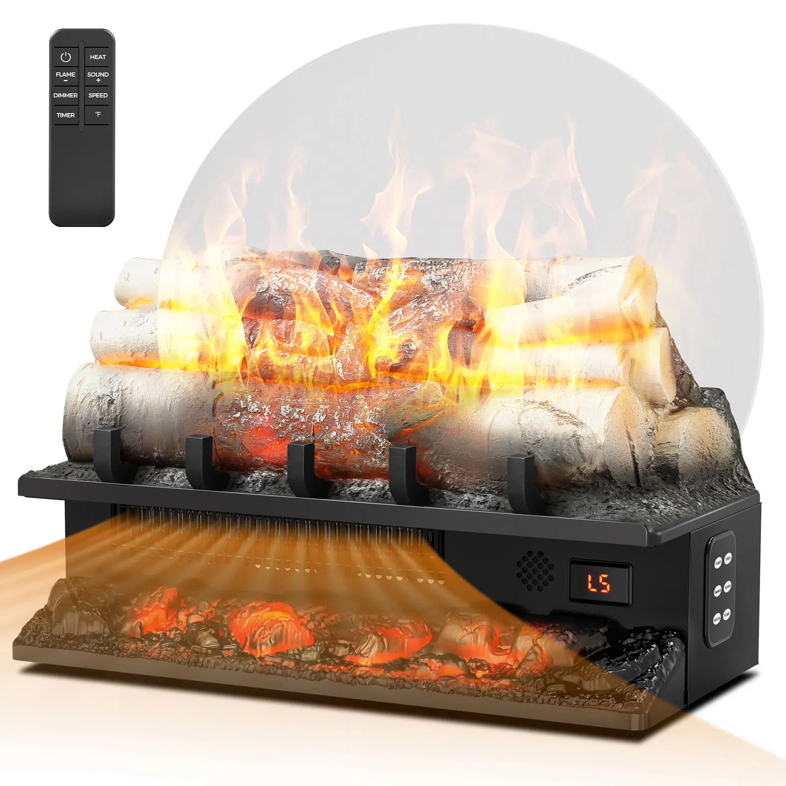 R.W.FLAME Electric Fireplace Insert Log Heater 21",750W/1500W Adjustable 5 Flame Brightness&Speed, Fireplace Insert with Realistic Ember Bed&Traditional Brown Log,Overheat Protection&Remote Control