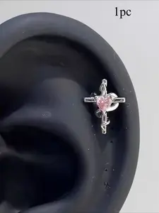 Y2K Heart Cross Cartilage Earring, 6mm Pink Zircon Stud, Cute Silver Star Helix Tragus Piercing Jewelry for Women, Earrings Jewelry