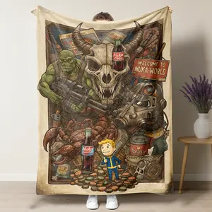 Fallout Themed Flannel Blanket with Retro Game Monster Deathclaw,Super Mutant,Radscorpion Design, Perfect for Sofa, Bed, Office and Outdoor Use, Vault-Tec Fans Gifts