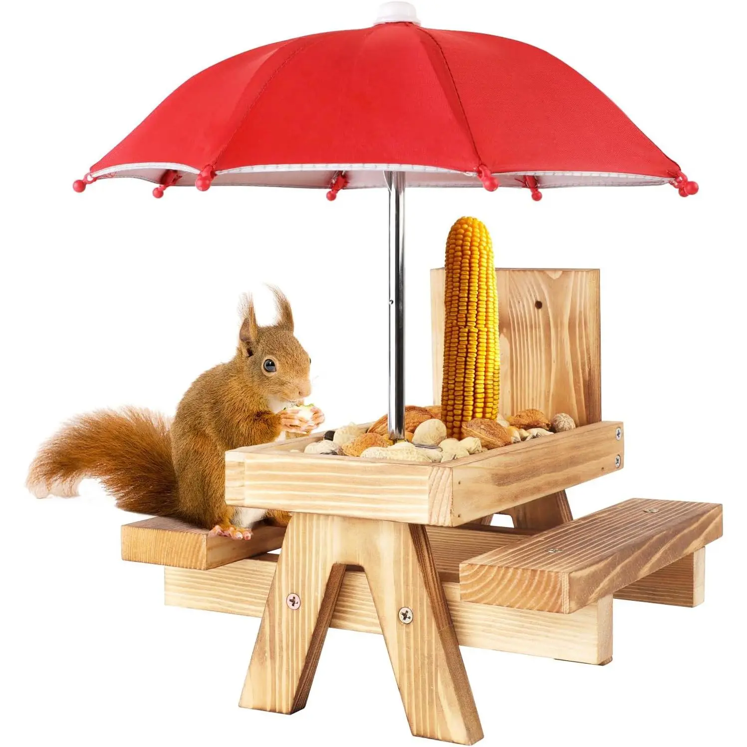Gnodary  Feeder with Umbrella,  Feeders for Outside,  Picnic Table Feeder - Chipmunk Feeder Hold Corn, Corn Cob, Peanuts (Bright-Red)