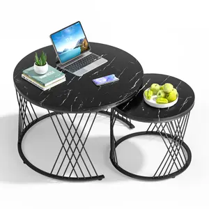 Dxiuivk Round Nesting Coffee Table Set of 2, Black Modern End Tables Living Room Faux Marble Sofa Beside Table