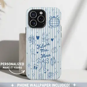 Custom Unique Gift for Bride Blue Stripes Phone Case Custom Monogram iPhone Case Aesthetic Striped Phone Case, Mrs Engagement Gift, Coquette bow Engaged Bridal Shower, Bride to Be Personalized Wedding Gift
