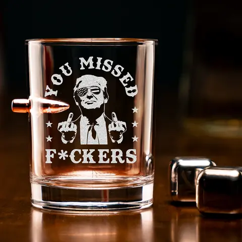 Engraved Trump You Missed Bullet Whiskey Glass MAGA 11oz Rock Glass Gifts for Men Drinkware USA Made Lead-Free Etched by Hand Glassware Set