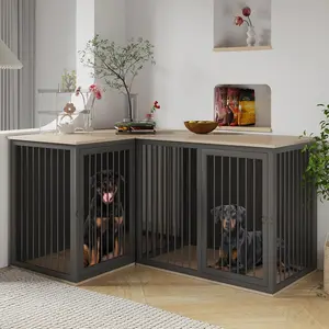 Durable Corner Dog Crate Furniture for 2 Dogs, 79.1" Large Dog Kennel Furniture with Dividers and Double Doors, All Steel Frame Double Dog Crate, 41.7" L X 22" W X 30.3" H, 37.4" L X 22" W X 30.3" H (Black Gray)
