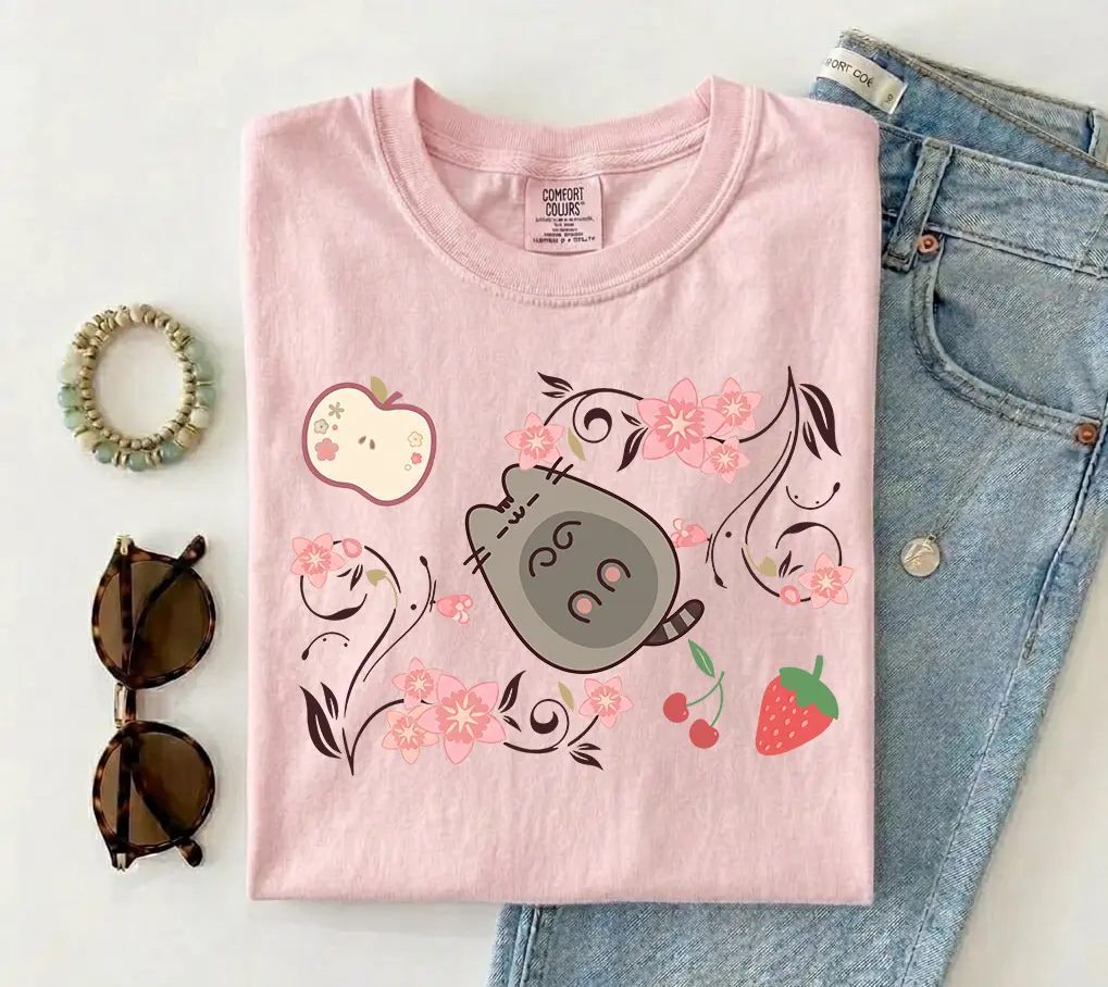 Vintage Pusheen Pink Cat T-Shirt, Cute Cherry Blossom Fruit T-shirt, Japanese Style Pastel Aesthetic Gift Shirt