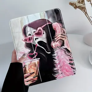 Gothic Aesthetic Ghost Face iPad Protective Case, Pink Sunglasses Auto Wake/sleep, Anti-Drop Scratch-Resistant, Transparent Acrylic Back, Fits iPad 7.9/10.2/10.5/10.9/11/12.9 inch, Shock-resistant Full Cover, Tablet Accessories