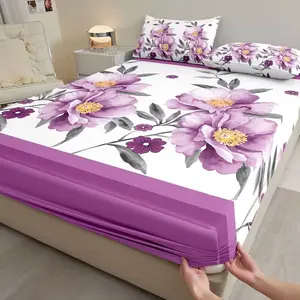 3-Piece Set 100% Polyester Flannel Peony Print Bedding, Bedding Supplies, Soft Comfortable Fitted Sheet & Pillowcases (sheet + Two Pillows)