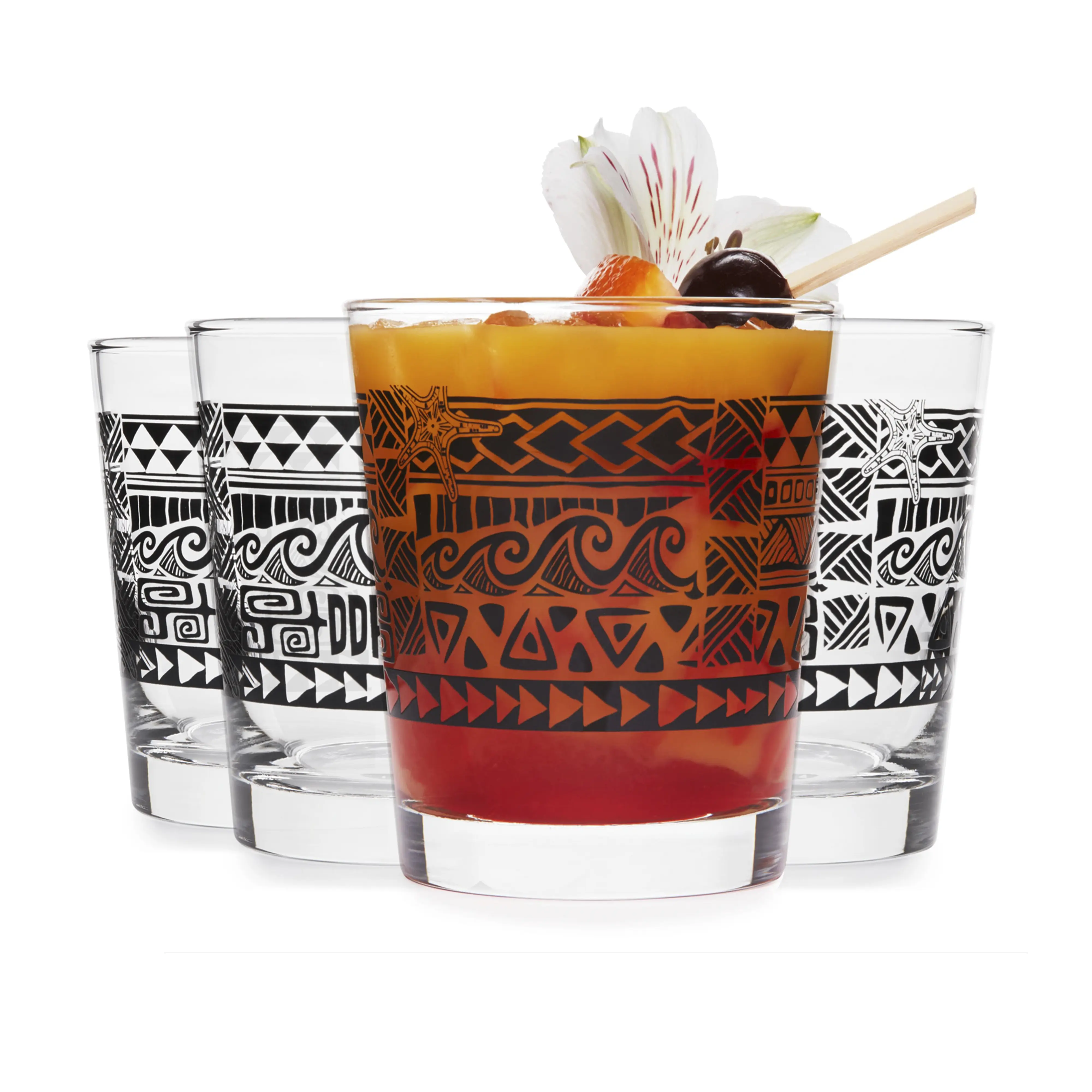Libbey Tiki Rocks Glass Cups Set, Vintage Drink Ware Set of 4, Exotic, Dishwasher Safe Old Fashioned Glass Set for Backyard Luau or Pool Party