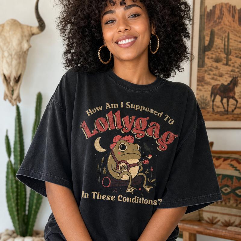 Cottagecore Folk Frog Graphic Tee Women Soft Washed Cotton Banjo Frog Lollygag Meme Shirt S-5XL