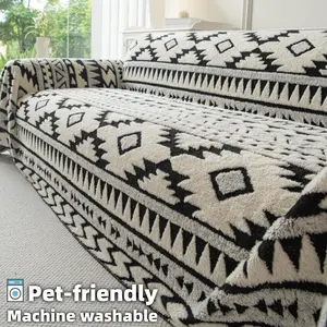 Boho Sofa Throw Blanket, Plush Couch Cover for Living Room, Pet Friendly Machine Washable Sofa Protector Throw, Thick Soft Geometric Sofa Slipcover for Sectional Couch, Dustproof Sofa Slipcover