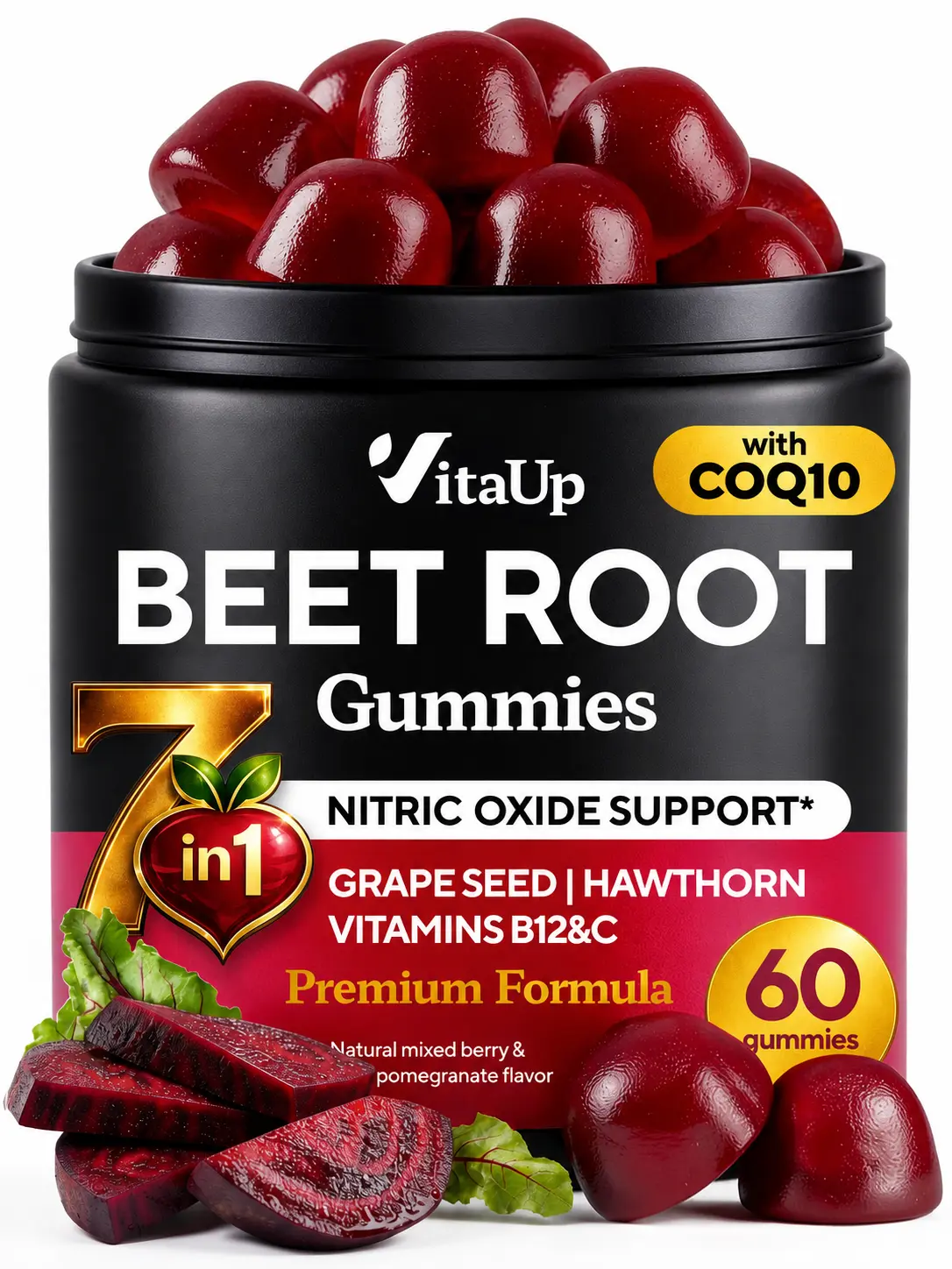 VitaUp Beet Root Gummies 7 in 1 - Nitric Oxide Gummies with Beet Root, Grape Seed, Coq10, Vitamin C & B12 for Heart & Energy Support – 60 Count