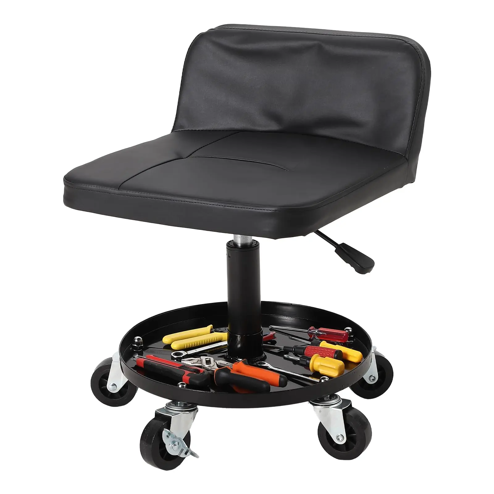 GARVEE Rolling Mechanic Stool, 300 LBS Capacity, 18" to 22" Height Adjustable Shop Stool with Soft Cushion, Tool Tray & 3" 360° Lockable Swivel Wheels for Garage, Auto Repair, Workshop, ‌Heavy Duty, Black