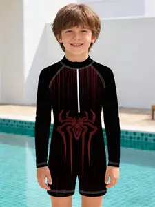 Boys' One-piece Swimsuit "Dark Spider Suit Style" with Dark Suit 3D Embossed Print, Stand-up Collar, Zipper, Long Sleeves, and Sun Protection One-piece Design, Suitable for Swimming in Pools, Beach Vacations, and Water Park Outfits