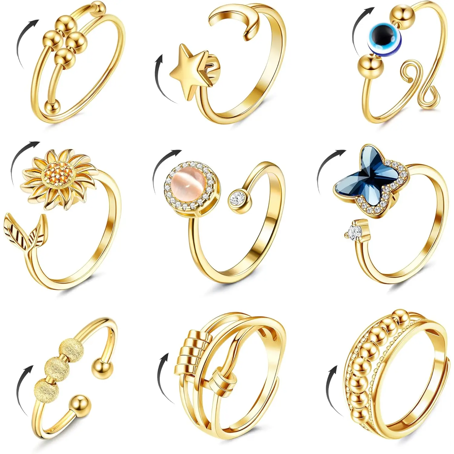 Trendy Adjustable  9 Pcs Fidget Anxiety Rings for Women Men Spinner Rings for Anxiety Relieving Stress Open CZ Flower Moon Star Anti Rotatable Rings