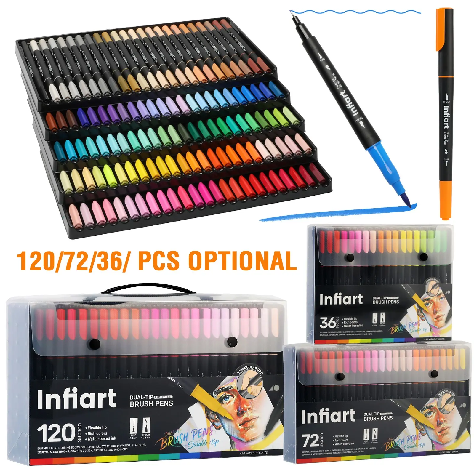 Infiart Dual-Ended Acrylic Marker Pens, Soft Brush Tip 1-3.5mm & Fine Point 0.4mm, Rich Colors, 36/72/120 Options, Ideal for Art Projects, Acrylic Paint Markers
