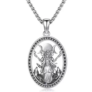 March Goddess Hecate Necklace, Witch Jewelry for Daily Wear Men and Women Silver Tone Oval Design