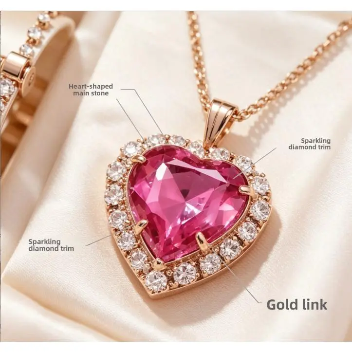 Women's Pink 4-Piece Alloy Costume Jewelry Set - Gold-Tone Rhinestone Heart Necklace, Heart Shaped Earrings, Ring, Bangle Bracelets for Formal Events, Korean Style