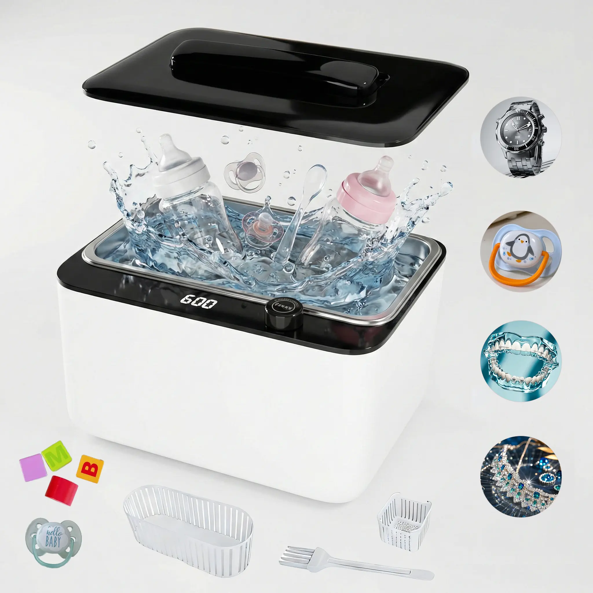 Jewelry & Watch Ultrasonic Cleaner 900ML Large Capacity Ultrasonic Cleaning Machine Ultrasonic Cleaner for Jewelry Baby Bottles, Teethers,Glasses, Watches