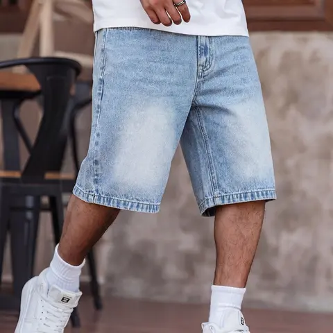 Summer Denim Shorts Five-Point Pants, No Stretch Baggy Straight Leg Jeans, Cotton Ripped Streetwear, Fashionable Casual Commuter Wear, Trendy Distressed Denim, Bottom, Basic