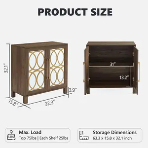 Mirrored Sideboard Buffet Cabinet, Modern Storage Accent Cabinet with Metal Glass Doors, Console Table for Living Room, Hallway, Dining Room, Entryway, Rustic Oak