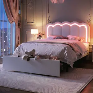 HOOMIC Twin/Full/Queen Size Velvet Platform Bed Frame with LED Lights, Large Storage Drawer, and Adjustable Wavy Headboard – Noise-Free, No Box Spring Needed, Soft White/Pink/Black/White#SummerVibes