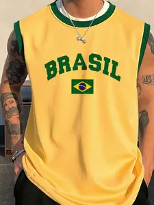 Men's Brazil Flag Print Graphic Tank Top, Regular Fit Casual Comfy Sleeveless Top for Summer, Men's Clothes for Daily Wear, Menswear, Socks