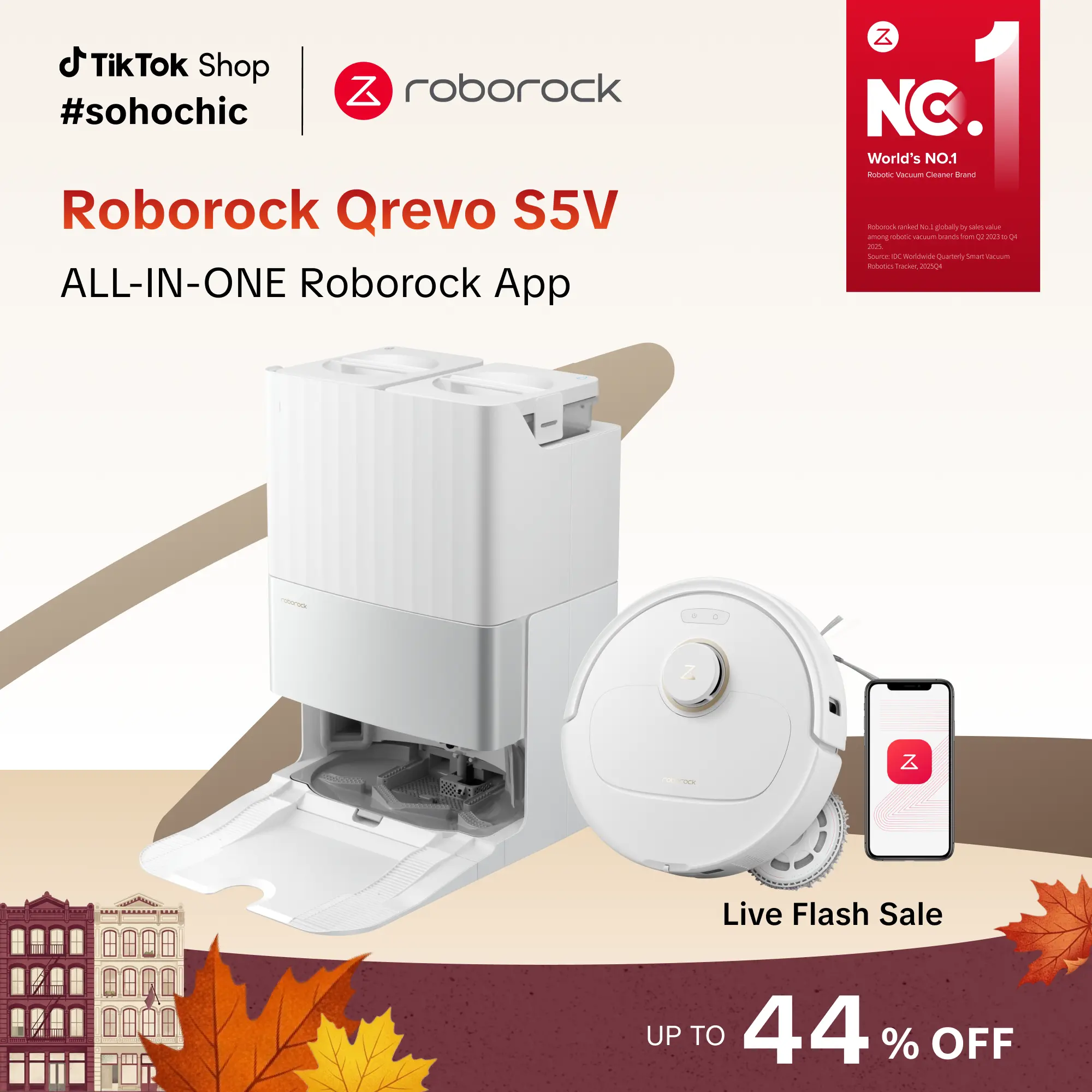 Roborock Qrevo S5V Robot Vacuum and Mop - 12000Pa Suction, Wi-Fi, Automatic Self-Emptying, Self-Cleaning, Mop Washing, FlexiArm Edge Mopping, Warm Air Drying, Hard Floor Cleaning, Cleaning Upgrade, Clean Floors Solution #tiktokshopstockup