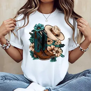 Cowboy Boots And Hat With Flowers Print T Shirt White Women Casual Summer Top Western Style Outfit For Country Music Festival And Daily Wear