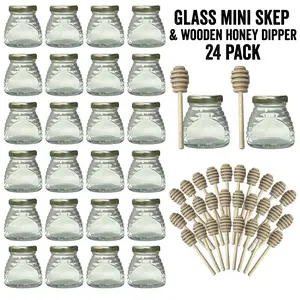 Glass Skep Jars 3 oz. wt. with wooden honey dippers (24 ct case w/43mmLUG Lids) [SK-2]