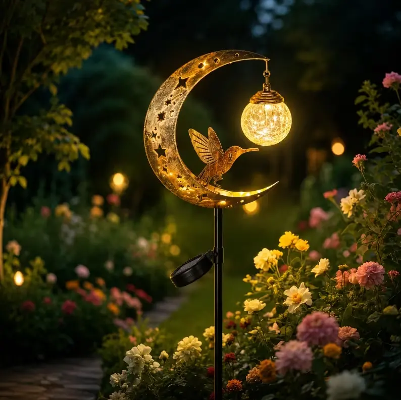 Solar Garden Stake Light - Waterproof Metal Moon & Hummingbird Decor with Crackle Glass Ball Lantern, Path Art for Backyard Landscaping, LED Floor Lamp, Halloween Gift for Garden & Backyard Decor