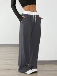 Women's High Elasticity Running Pants with Color Block Waistband Design, Outdoor Casual Hiking Gym Jogging Sportswear with Pockets, Cute Gym Clothes