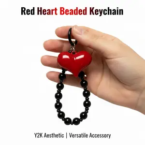 Sweet & Edgy Y2K Heart Keychain – Glossy Red Love Charm with Black Bead Chain, Retro Punk Style for Bags, Phones or Car Keys | Trendy Gift for Girls