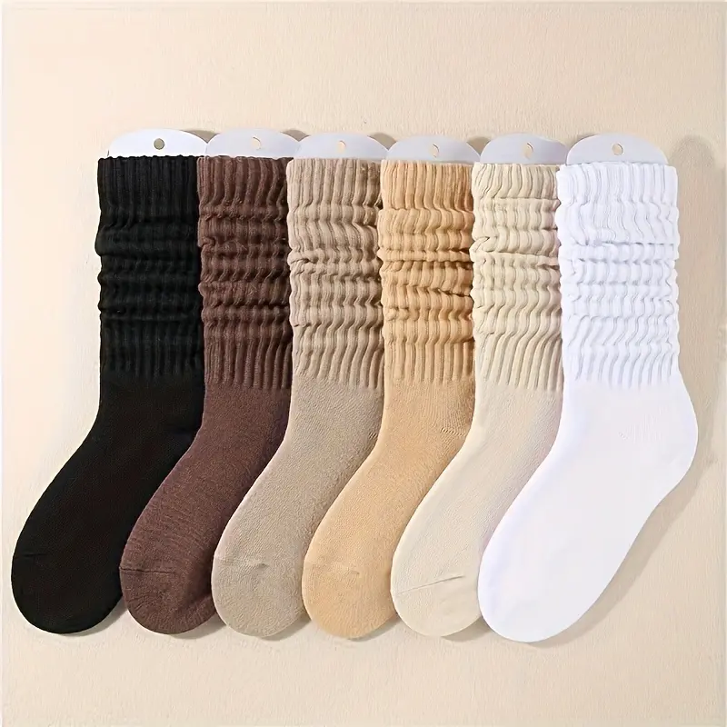 6 pairs of solid color loose thin socks simple and comfortable for daily use. Women's long stockings with calf length are perfect basic wardrobe essentials