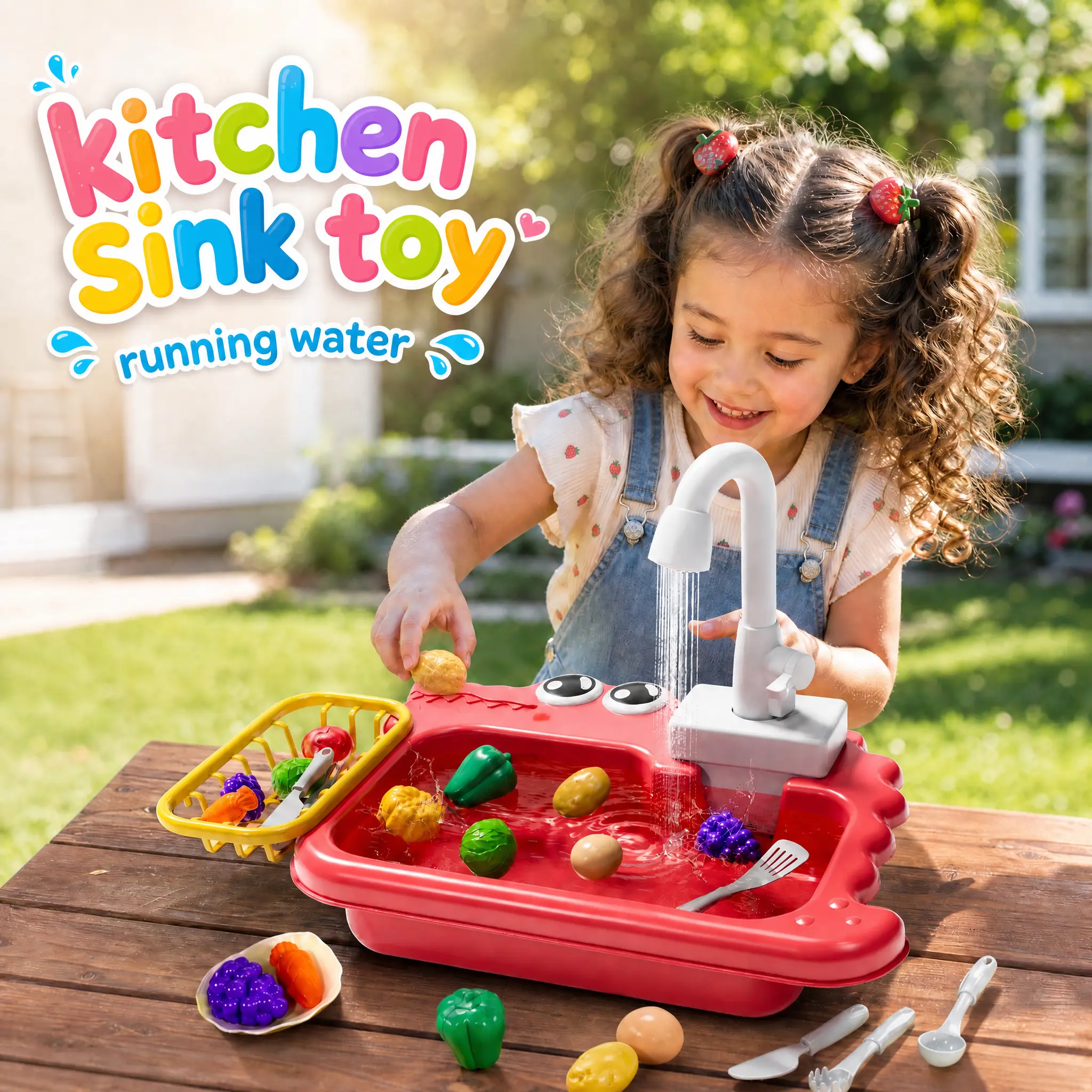 Toddler Real-Feel 36cm Kitchen Sink Toy with Running Water, Montessori Pretend Cooking Set, Fruit & Veg Set, Children Development Educational Gift for 3+ Kids' Birthdays, Christmas, Unisex