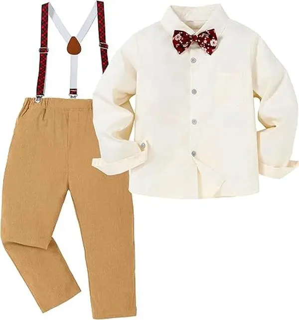 Boys' 3-Piece Formal Match Style Set, Long Sleeve Printed Cotton Blend Outfit with Straight Pants & Detachable Suspenders for Weddings, Family Photos, Multi Functional Set, Colorblock, Fitted, Baptism, Three-Pieces
